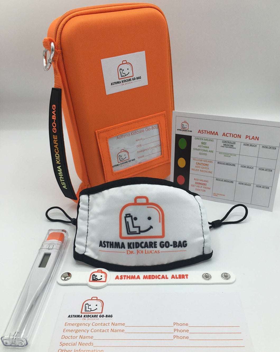 Asthma KidCare Go-Bag Plus         (Contains - 4 Face Masks, Digital Thermometer, and 2 Medical Alert Bracelets)